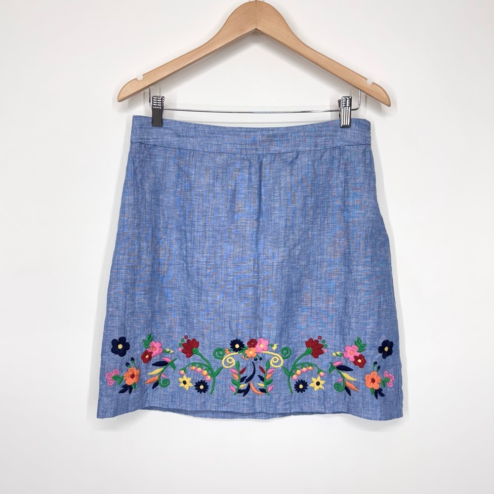 Talbots Blue Linen Cotton Embroidered Multicolored Floral Mini Skirt Size 8P